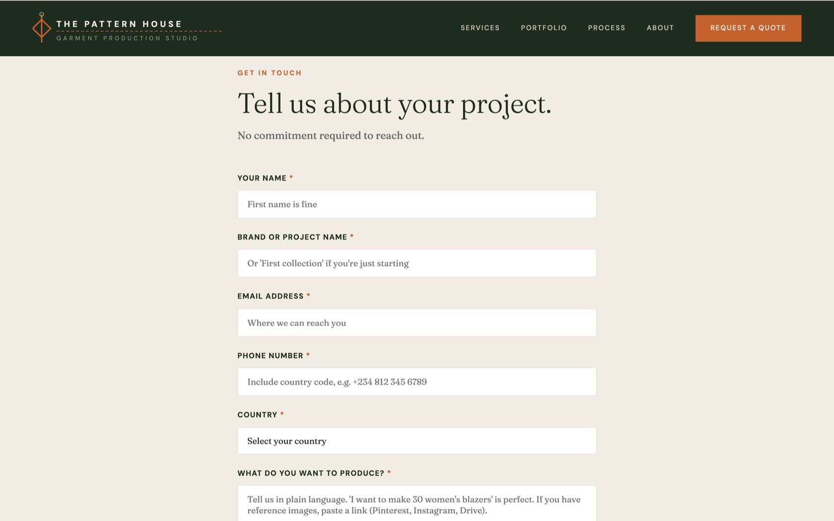 Request a quote inquiry form
